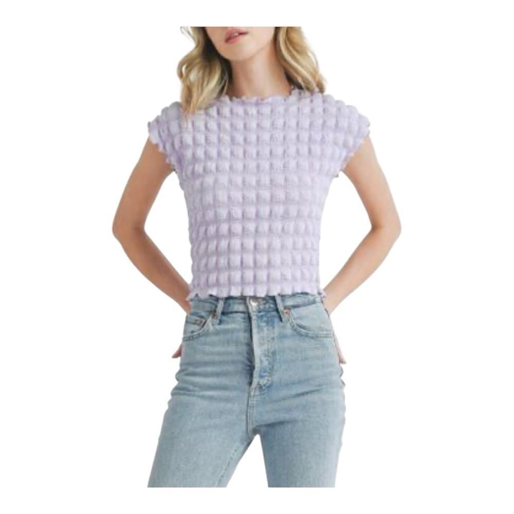 All in Favor Womens Short Sleeve Textured Lilac Bubble Crop Top Size Medium